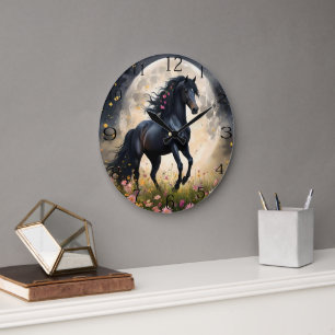 Grande Horloge Ronde Champ de fleur de lune de cheval noir,