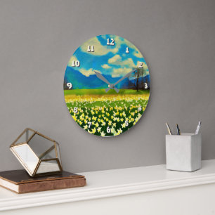 Grande Horloge Ronde Champ de jonquilles - peinture