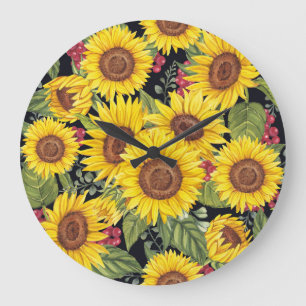 Grande Horloge Ronde Champ de tournesol : aquarelle noir arrière - plan