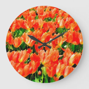 Grande Horloge Ronde Champ orange de tulipes