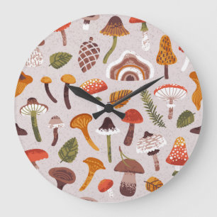 Grande Horloge Ronde Champignons d'automne, feuille : répétition vintag