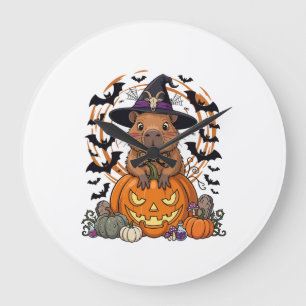 Grande Horloge Ronde Chapeau de sorcière de capybara Halloween Citrouil
