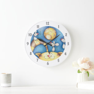 Grande Horloge Ronde Charmante Chat et Souris Fantaisistes Art Lunaire