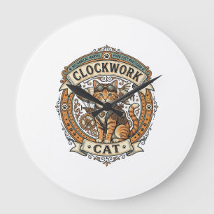 Grande Horloge Ronde Chat à ressort Chat Steampunk Vintage Art Vectorie