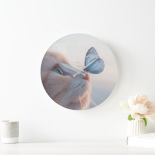 Grande Horloge Ronde Chat adorable et papillon bleu