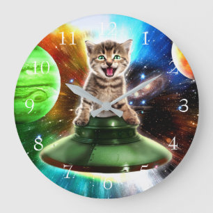 Grande Horloge Ronde Chat Alien dans la soucoupe de l'ufo