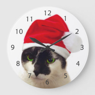 Grande Horloge Ronde Chat avec le casquette de Père Noël