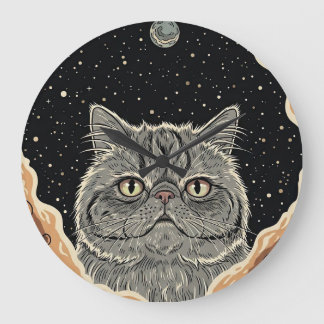 Grande Horloge Ronde Chat Cosmique