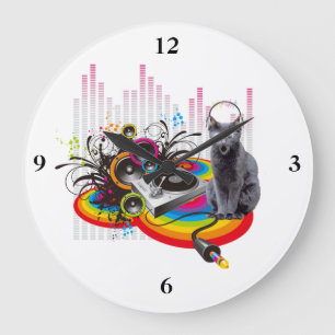 Grande Horloge Ronde Chat de musique du DJ Pumpin de Tourne-disque