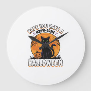 Grande Horloge Ronde Chat d'Halloween Meow-Some Dessin de Gravure Vinta