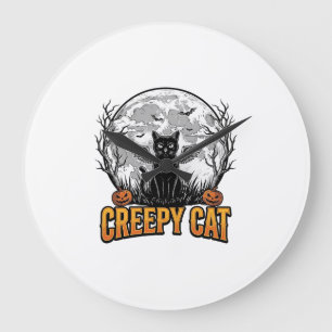 Grande Horloge Ronde Chat effrayant Halloween Dessin de gravure vintage