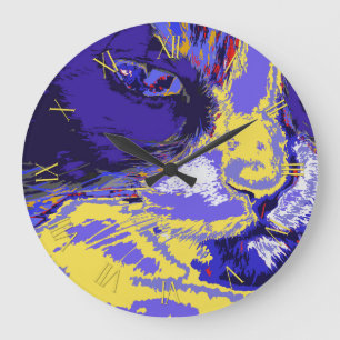Grande Horloge Ronde Chat en couleurs abstraites