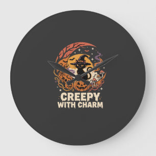 Grande Horloge Ronde Chat Halloween Charme Effrayant