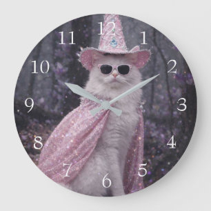 Grande Horloge Ronde Chat Magique Sorcier en Cape et Chapeau Rose Paill