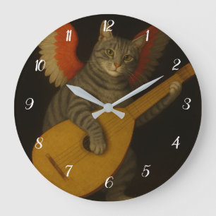 Grande Horloge Ronde Chat musicien ailé jouant du luth Art