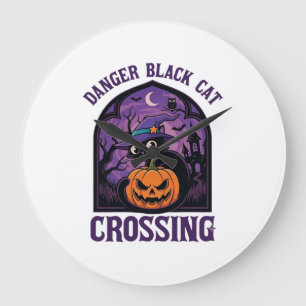 Grande Horloge Ronde Chat Noir Dangereux qui Traverse Halloween Citroui