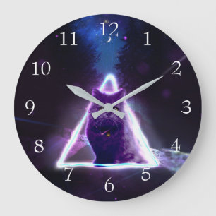 Grande Horloge Ronde Chat noir dans le triangle hipster néon bleu