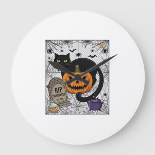 Grande Horloge Ronde Chat noir d'Halloween Citrouille Pierre tombale Ch