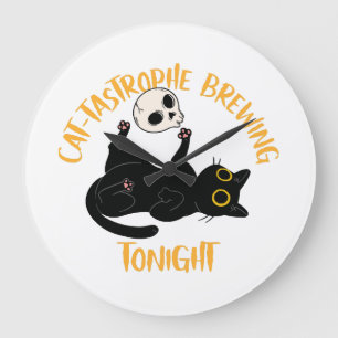Grande Horloge Ronde chat noir drôle d'Halloween