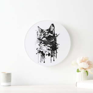 Grande Horloge Ronde Chat noir et blanc Splash