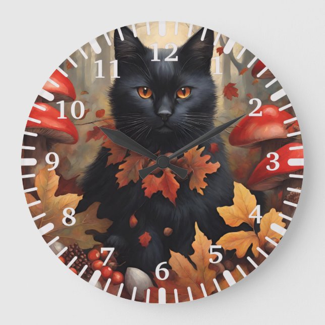 Grande Horloge Ronde Chat noir mignon en forêt d'automne (Recto)