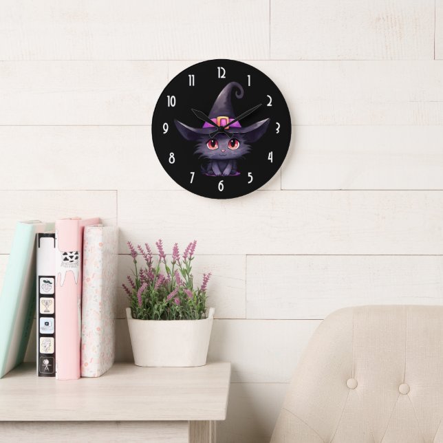 Grande Horloge Ronde Chat noir mignon portant un Casquette de sorcière (Salle de lecture)