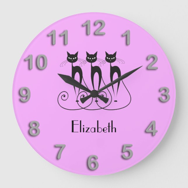 Grande Horloge Ronde Chat noir mignon triplé drôle (Recto)
