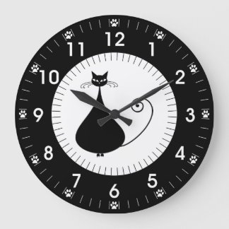 Grande Horloge Ronde Chat noir moderne avec des empreintes de pattes