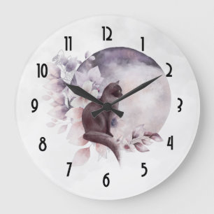 Grande Horloge Ronde Chat noir par une Pleine lune magique