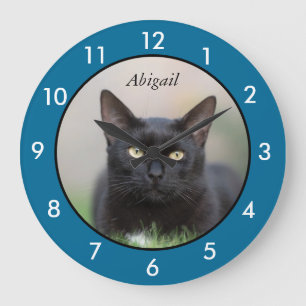 Grande Horloge Ronde Chat noir personnalisé