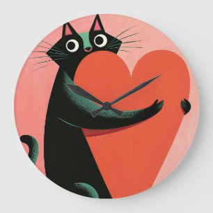 Grande Horloge Ronde Chat noir rétro cœur pastel milieu du siècle