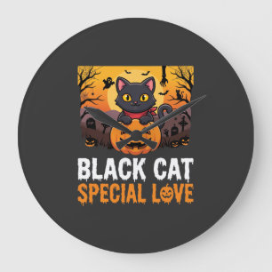 Grande Horloge Ronde Chat noir spécial amour citrouille design Hallowee