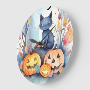 Grande Horloge Ronde Chat Oriental Bleu d'Halloween avec des citrouille