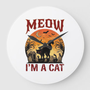 Grande Horloge Ronde Chat qui miaule Halloween noir cimetière_1