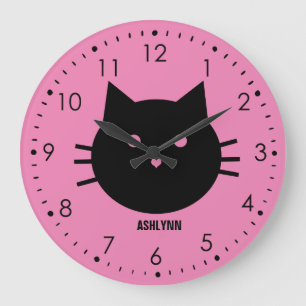 Grande Horloge Ronde Chat rose mignon personnalisé