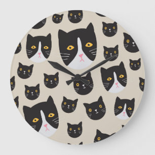 Grande Horloge Ronde Chat sans couture, Illustration Motif Whimsical.