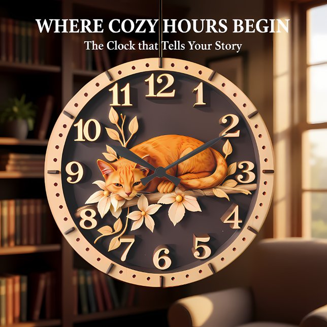 Grande Horloge Ronde Chat tigré au repos Fleur (Créateur téléchargé)
