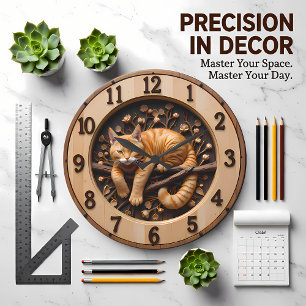 Grande Horloge Ronde Chat tigré orange en bois cosy