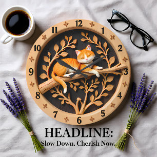 Grande Horloge Ronde Chat tigré orange endormi sur une feuille