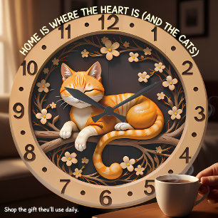 Grande Horloge Ronde Chat tigré orange souriant Printemps