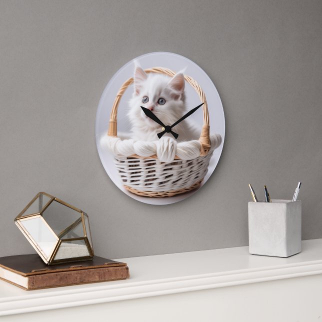 Grande Horloge Ronde Chaton blanc dans une panier (Bureau)