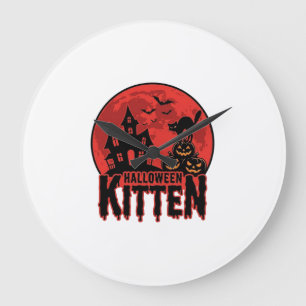 Grande Horloge Ronde Chaton d'Halloween Maison Hantée Chat Graphique_1