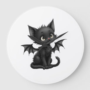 Grande Horloge Ronde Chaton noir grincheux d'Halloween en costume de ch