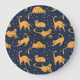 Grande Horloge Ronde Chats amusants, étoiles, motif spatial.