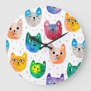Grande Horloge Ronde Chats aquarelles et amis