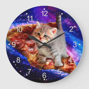 Grande Horloge Ronde Chats dans la pizza spatiale