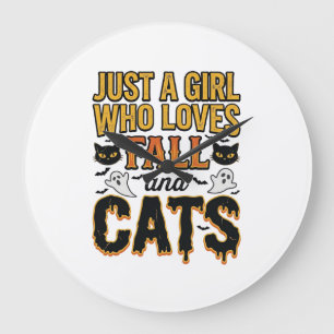 Grande Horloge Ronde Chats d'automne fille d'Halloween Graphisme Vintag