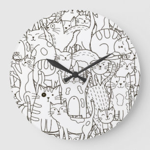 Grande Horloge Ronde Chats de gribouillis : noir et blanc.