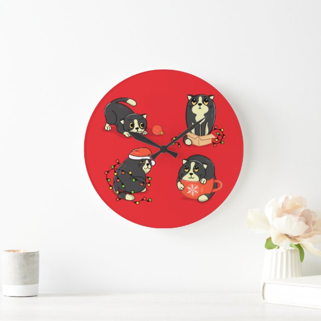 Grande Horloge Ronde Chats de Noël mignons et amusants (Maison)