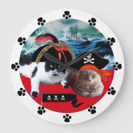 GRANDE HORLOGE RONDE CHATS DE PIRATE ET NAVIRE DANS LA TEMPÊTE DE MER
